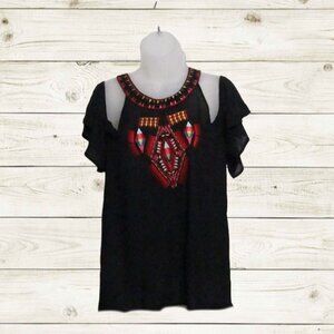 New York n co size XS womens blouse top cold shoulder color black semi sheer